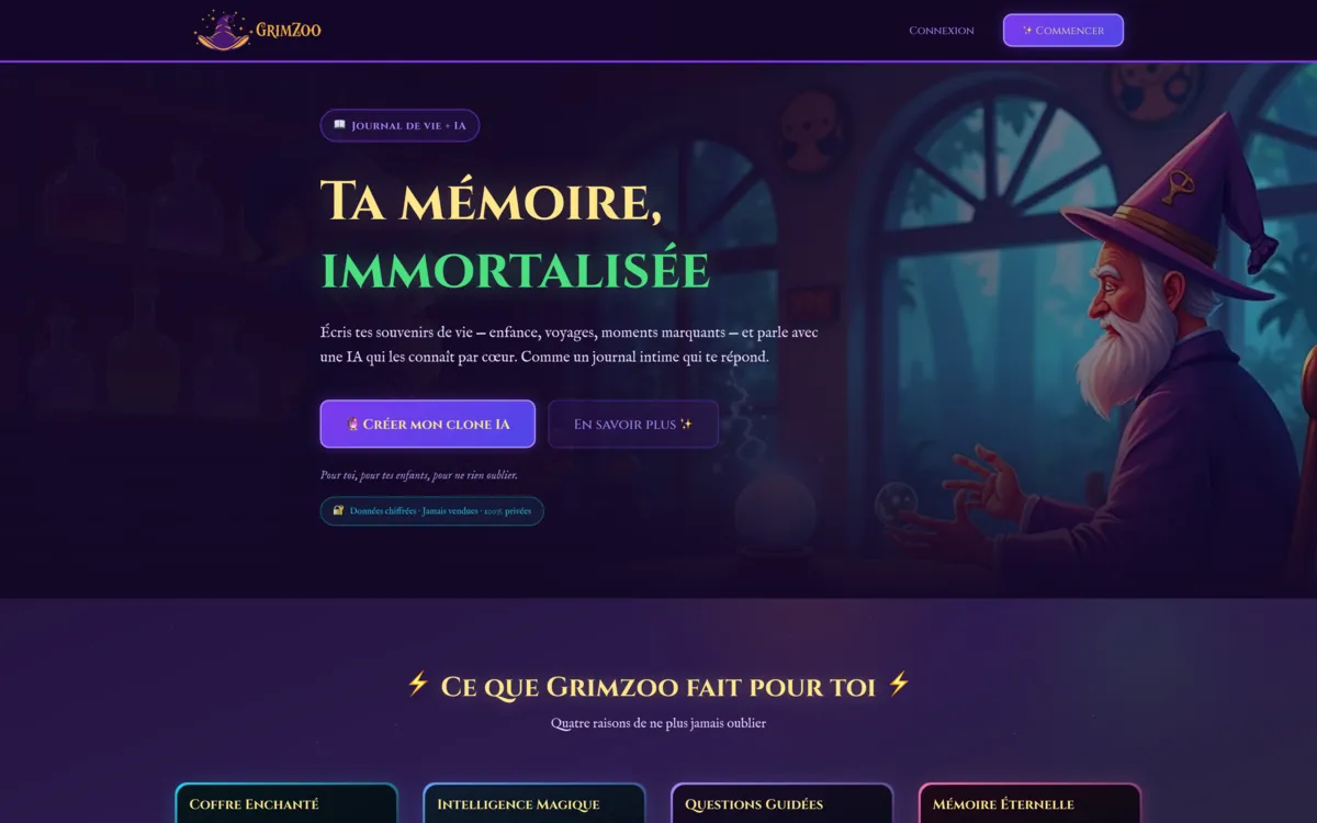 Page d'accueil de l'application Grimzoo