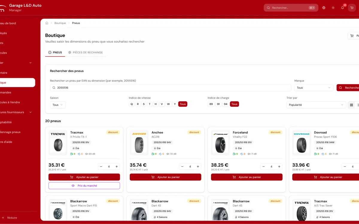 Boutique de pneus du logiciel de gestion de garage MGM